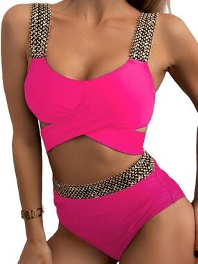 Embellished Hot Pink High-Waist Bikini Set- size large